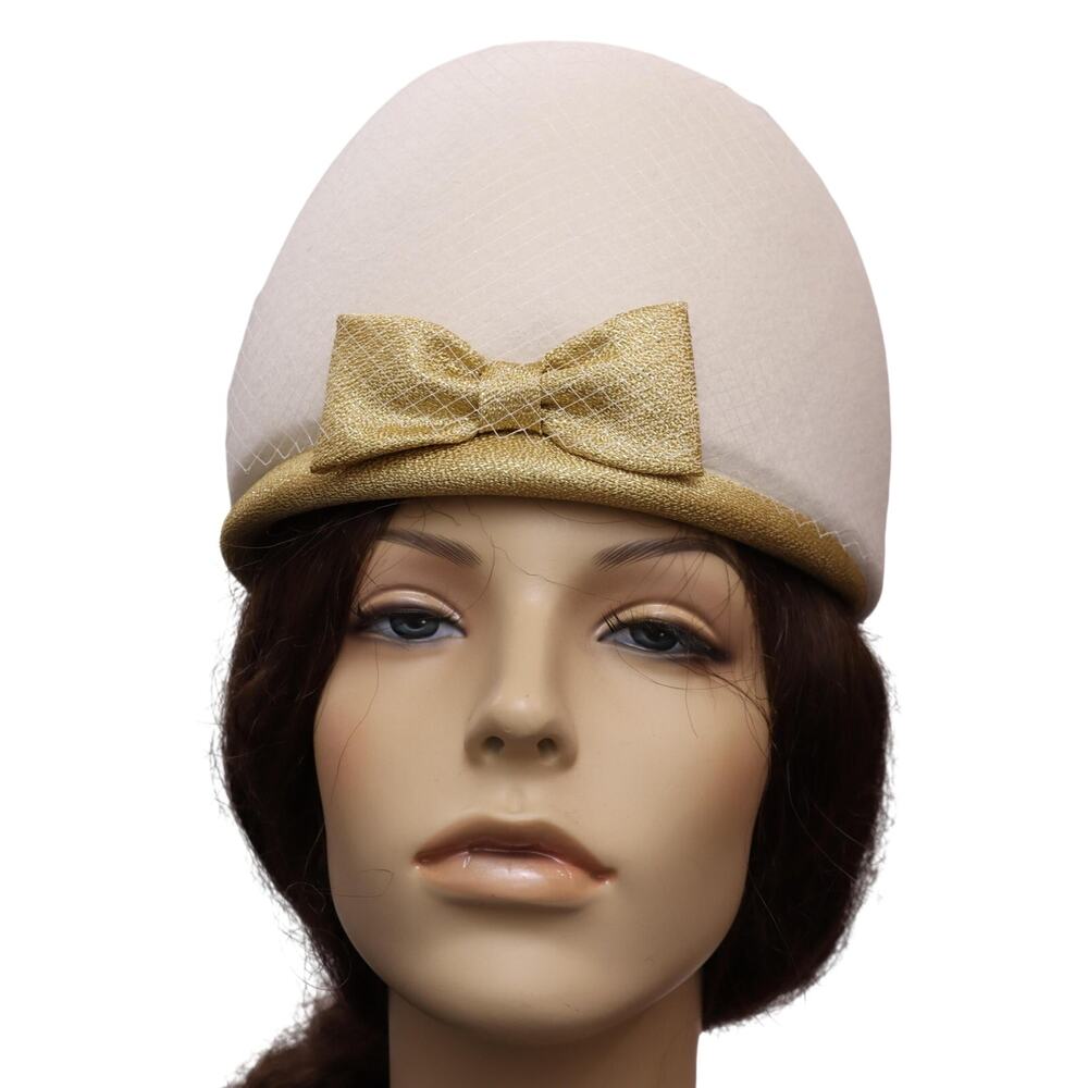 Vintage 60s Astre White Wool Pillbox Hat Gold Bow Veil Fascinator